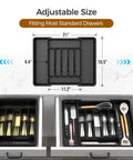 Expandable Extra Large Silverware Organizer For Deep Kitchen Drawers With Two Adjustable Panels BPA Free Food Safe Plastic For Spoons Forks And Knives Black No Assembly Needed Unfolds To Fit Most Drawers Keeps Flatware Neatly Separated in black plastic inside kitchen drawer.