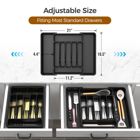 Expandable Extra Large Silverware Organizer For Deep Kitchen Drawers With Two Adjustable Panels BPA Free Food Safe Plastic For Spoons Forks And Knives Black No Assembly Needed Unfolds To Fit Most Drawers Keeps Flatware Neatly Separated in black plastic inside kitchen drawer.