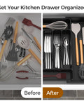 Expandable Extra Large Silverware Organizer For Deep Kitchen Drawers With Two Adjustable Panels BPA Free Food Safe Plastic For Spoons Forks And Knives Black No Assembly Needed Unfolds To Fit Most Drawers Keeps Flatware Neatly Separated