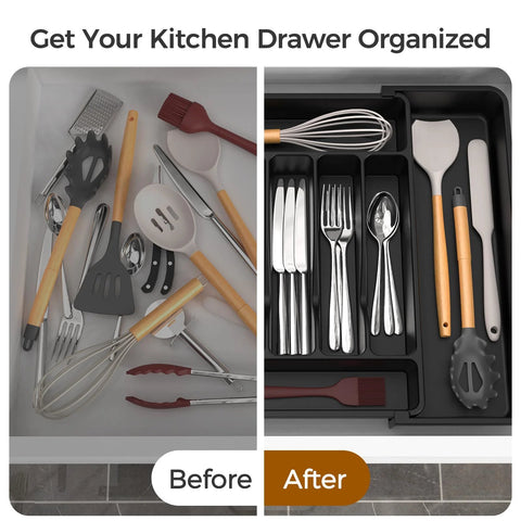 Expandable Extra Large Silverware Organizer For Deep Kitchen Drawers With Two Adjustable Panels BPA Free Food Safe Plastic For Spoons Forks And Knives Black No Assembly Needed Unfolds To Fit Most Drawers Keeps Flatware Neatly Separated