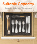 Effortlessly organize kitchen drawers with an expandable silverware organizer that stretches from 8.5 to 14 inches, featuring adjustable compartments for forks, spoons, and knives, BPA-free plastic, keeping flatware neatly separated and easy to reach.