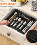 Effortlessly organize kitchen drawers with an expandable silverware organizer that stretches from 8.5 to 14 inches, featuring adjustable compartments for forks, spoons, and knives, BPA-free plastic, keeping flatware neatly separated and easy to reach.