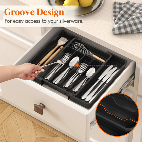 Effortlessly organize kitchen drawers with an expandable silverware organizer that stretches from 8.5 to 14 inches, featuring adjustable compartments for forks, spoons, and knives, BPA-free plastic, keeping flatware neatly separated and easy to reach.