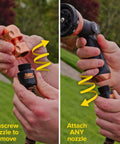 Hands showing how to unscrew and attach the nozzle on Expandable Garden Hose Copper Bullet With Ten Pattern Thumb Spray Nozzle As Seen On TV