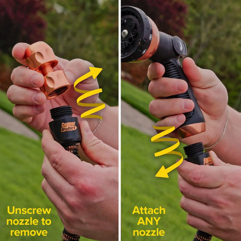 Hands showing how to unscrew and attach the nozzle on Expandable Garden Hose Copper Bullet With Ten Pattern Thumb Spray Nozzle As Seen On TV