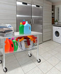 5 Inch Expandable Workbench Caster Wheels Set of 4 with 2 Side Brake Casters, on a stainless steel laundry cart with bottles.