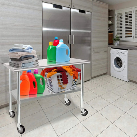 5 Inch Expandable Workbench Caster Wheels Set of 4 with 2 Side Brake Casters, on a stainless steel laundry cart with bottles.