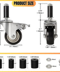 Diagram of Expanding Stem Caster Wheels, 3 Inch, Dual Brake, Set Of 4 For 7/8 To 1-5/8 Inch Tube Legs, showing dimensions