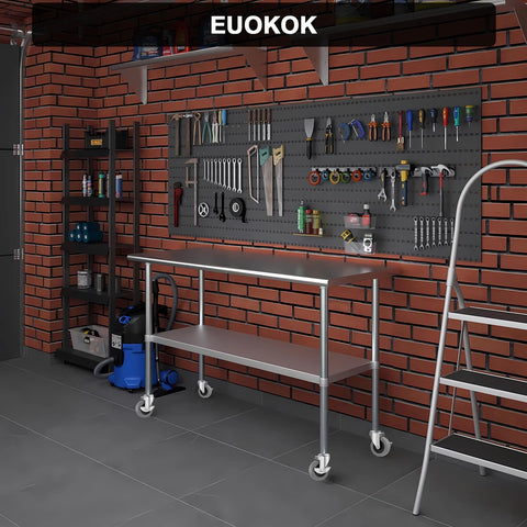 3 Inch Expanding Stem Caster Wheels Set Of Four With Side Brake For Utility Carts Shopping Carts And Furniture Legs Heavy Duty Replacement Wheels Fits Three Quarter Inch And Seven Eighth Inch Round Tube Diameters Includes Wrench Nuts Washers And Rubber installed on a metal workbench in a garage.