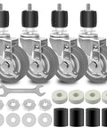 Expanding Stem Casters Set Of 4 With Brakes For Stainless Steel Worktables And Carts Fits One And One Half Inch To One And Five Eighths Inch ID Legs Swivel Castors Elevate Height By 5.1 Inches Load Capacity 1200 Lbs. shown with parts and tool