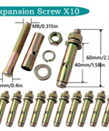 Expansion screw set of 10 with measurements, showing bolts, sleeves, and washers for secure fastening.
