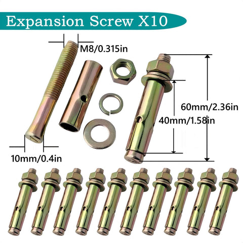 Expansion screw set of 10 with measurements, showing bolts, sleeves, and washers for secure fastening.