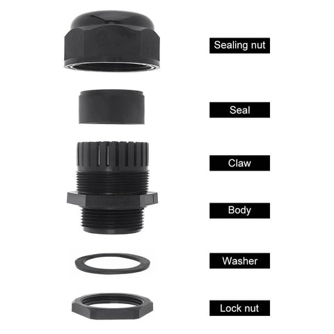 Exploded view of Waterproof One And A Half Inch NPT Cable Gland with Adjustable Nylon PA66C Body and EPDM Gasket components.