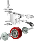Exploded view of 4 Inch Heavy Duty Stem Casters With 360 Degree Swivel And Double Locking Brake Red PVC Wheels M12 1.75 Thread Thickened Galvanized Bracket