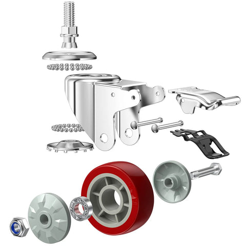 Exploded view of 4 Inch Heavy Duty Stem Casters With 360 Degree Swivel And Double Locking Brake Red PVC Wheels M12 1.75 Thread Thickened Galvanized Bracket
