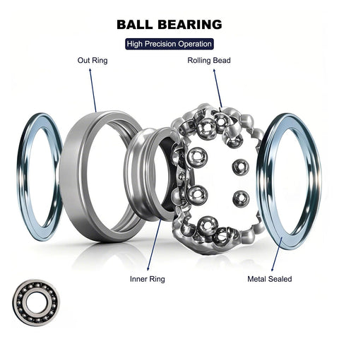 Exploded view of 20 Pack Double Shielded Miniature Ball Bearings 3x6x2.5mm showing out ring, inner ring, rolling bead, metal sealed