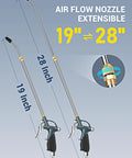 Extendable air blow gun with a 19 to 28 inch nozzle, all metal body and rubber grip for dust and debris removal