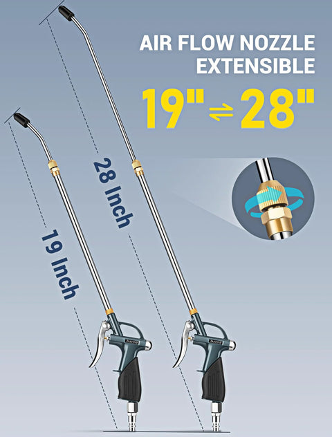Extendable air blow gun with a 19 to 28 inch nozzle, all metal body and rubber grip for dust and debris removal