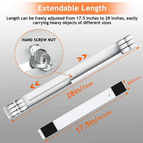 Extendable length of Furniture Washing Machine Dolly from 17.5 to 28 inches with hand screw nut for smooth motion and stable alignment.