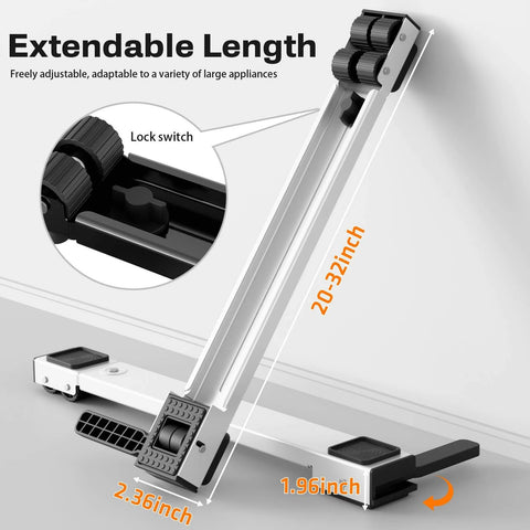 Appliance Rollers Heavy Duty,Newest Extendable Appliance Sliders,Liftable Washing Machine Base in use showing extendable length mechanism