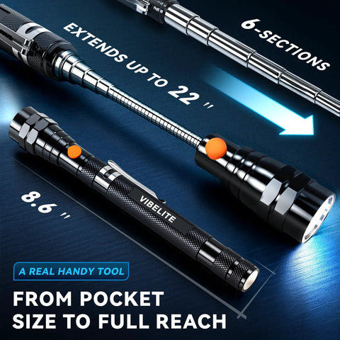Extendable Magnetic Flashlight with Telescoping Magnet Pickup Tool, shown extended to 22 inches, aluminum, with three LED lights