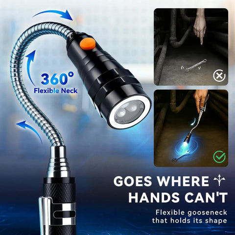 Extendable Magnetic Flashlight with Telescoping Magnet Pickup Tool with 360-degree flexible neck highlighting LED lights in use
