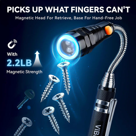 Extendable Magnetic Flashlight with Telescoping Magnet Pickup Tool in action, picking up metal screws.