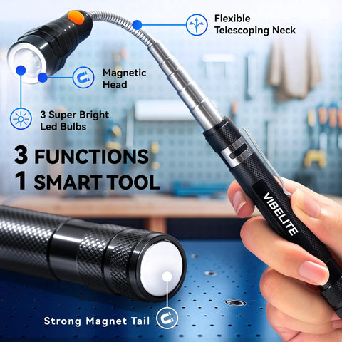 Extendable Magnetic Flashlight with Telescoping Magnet Pickup Tool, flexible neck, magnetic head, 3 LED bulbs, aluminum body
