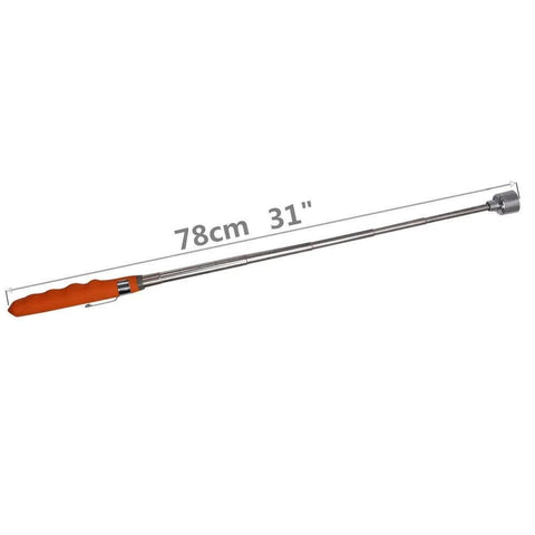Extendable magnetic pick up tool extends to 31 inches and pulls up to 20 pounds, showing cushioned grip and telescoping design.