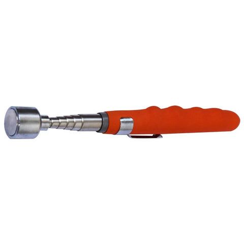 Extendable magnetic pick up tool extends to 31 inches and pulls up to 20 pounds, cushioned red grip, silver telescopic handle