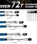 DISEN 72T extendable ratchet set with size chart and tool length specifications, showing 1/4, 3/8, and 1/2 inch models.