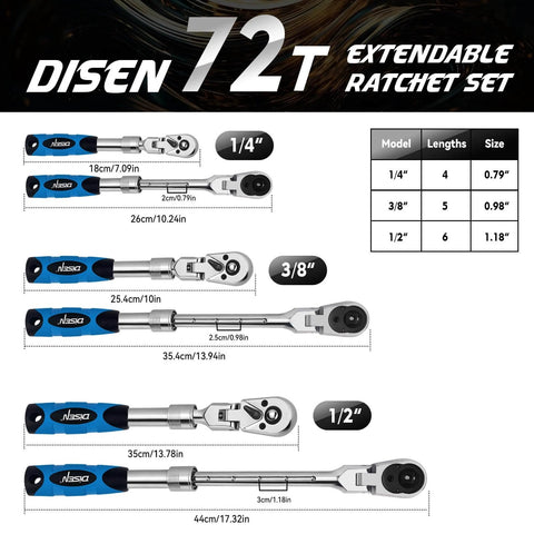 DISEN 72T extendable ratchet set with size chart and tool length specifications, showing 1/4, 3/8, and 1/2 inch models.