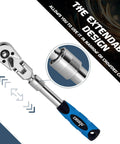 Extendable ratchet wrench with blue handle, showcasing extendable design suitable for narrow spaces.