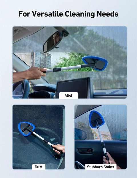 Windshield Cleaning Tool With Extendable Handle And Microfiber Pad Set For Auto Glass And Car Interior Detailing Reusable Wiper Brush Kit Includes Four Pads Blue 21 Inch Reach For Easy Car And Home Cleaning