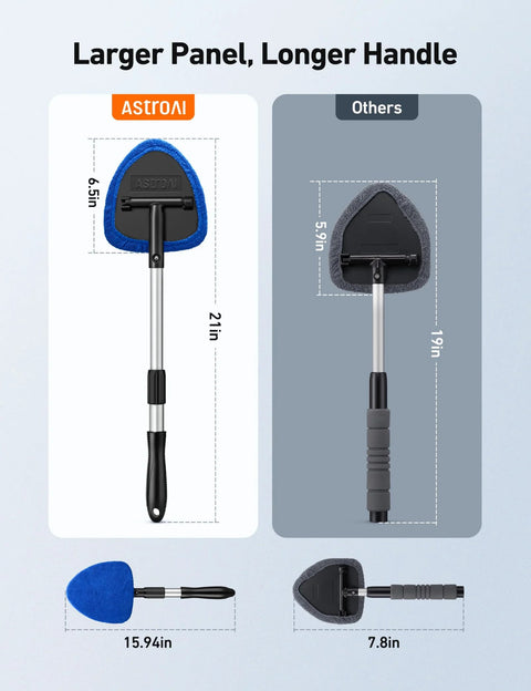 Comparison of Windshield Cleaning Tool With Extendable Handle And Microfiber Pad Set For Auto Glass And Car Interior Detailing Reusable Wiper Brush Kit Includes Four Pads Blue 21 Inch Reach versus standard model with measurements.