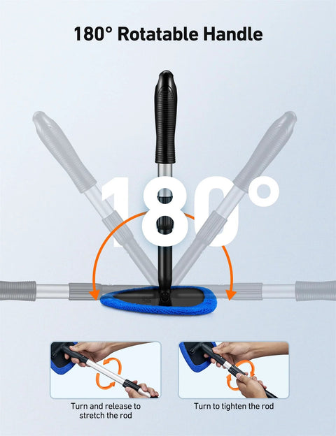 Windshield Cleaning Tool With Extendable Handle And Microfiber Pad Set showing 180-degree rotation and handle adjustment