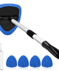 Windshield Cleaning Tool With Extendable Handle And Microfiber Pad Set For Auto Glass And Car Interior Detailing Reusable Wiper Brush Kit Includes Four Pads Blue 21 Inch Reach For Easy Car And Home Cleaning with spray bottle.