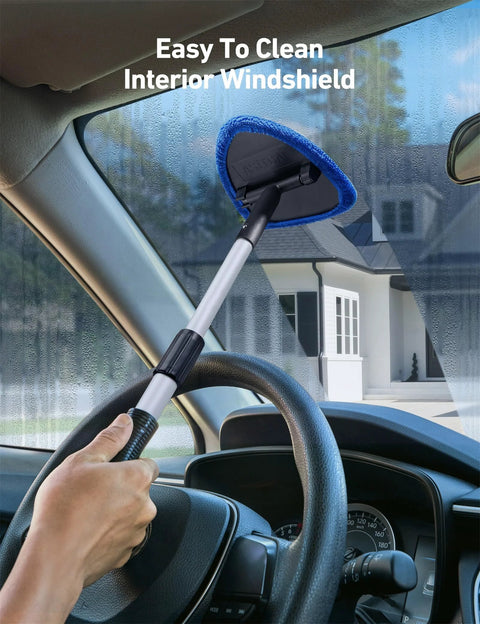 Windshield Cleaning Tool With Extendable Handle And Microfiber Pad Set For Auto Glass And Car Interior Detailing, in use