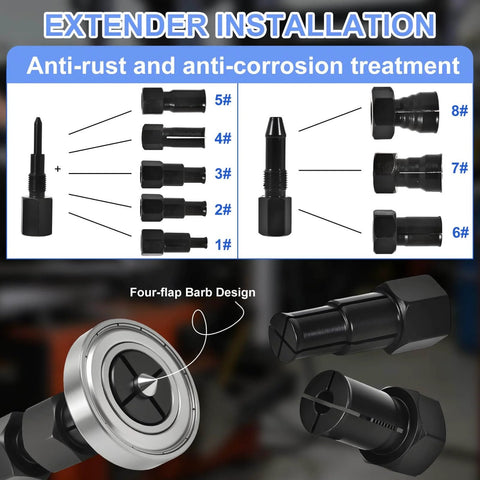 12PCS Blind Hole Bearing Puller Set with Slide Hammer showing extender installation and anti-corrosion treatment details