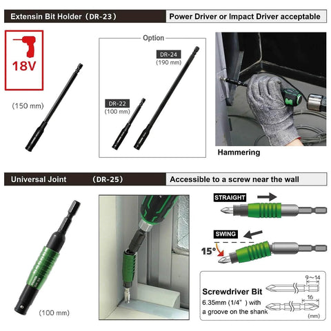 Roll Up Case Screw Extractor Tool Set For Broken Phillips And Hex Screws, ergonomic driver with bit extensions and universal joint
