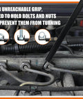 Extension Clamp Wrench Extender Tool used in engine bay to hold bolts and prevent turning during automotive repair.