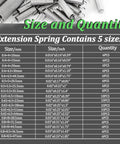 Chart detailing five sizes of extension springs with quantities and measurements in mm and inches.