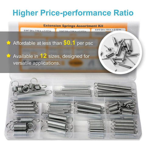 Assortment kit of extension springs in various sizes displayed in an open case with price details and 12 size availability highlighted.