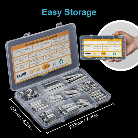 Assortment kit of extension springs in a clear box with labeled compartments for easy storage, showing dimensions and spring sizes.