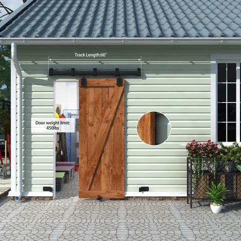 Black Exterior Sliding Barn Door Hardware Track Kit Heavy Duty Outdoor Weatherproof Wall Mount System installed on garage