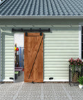 Black Exterior Sliding Barn Door Hardware Track Kit Heavy Duty Outdoor Weatherproof Wall Mount System installed on house