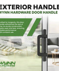 Exterior view of Wynn Hardware bronze handle on glass sliding door with couch in background, showcasing durable design.