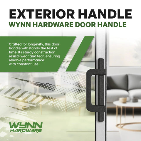 Exterior view of Wynn Hardware bronze handle on glass sliding door with couch in background, showcasing durable design.