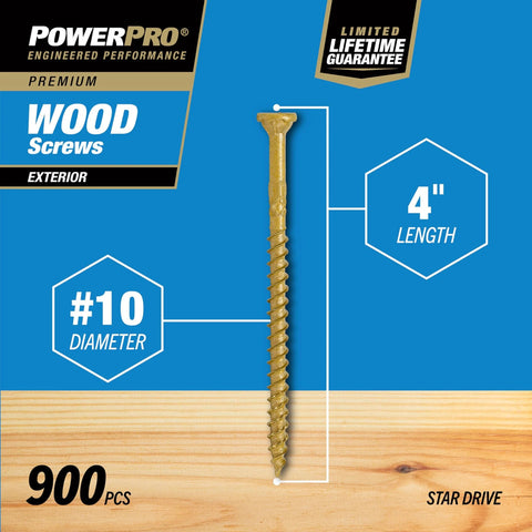 Power Pro Premium Exterior Wood Screws, #10 x 4 Inch All-Purpose Deck Screws for Outdoor Projects, bronze, T-25 Star Bit, 900 pieces.