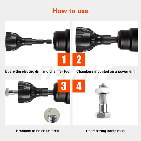 Steps showing Pro Grade Deburring External Chamfer Tool With Tungsten Carbide Blades for chamfering bolts using a drill